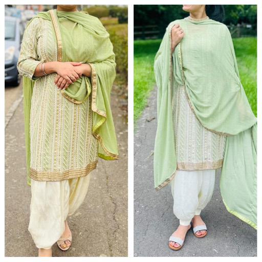Before and after photo showing improved fit of traditional green suit after weight loss