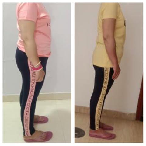 Side profile before and after body transformation showing improved posture
