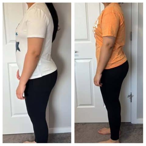 Side profile before and after transformation showing slimmer hips and waist