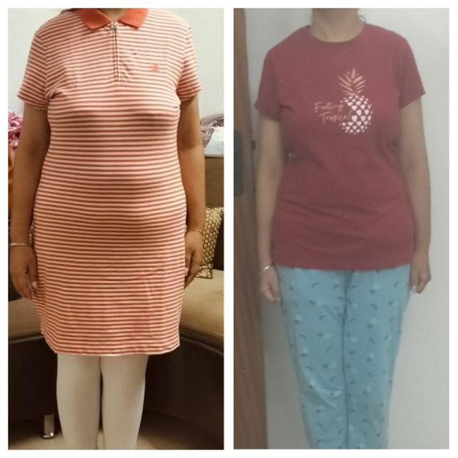 Front view before and after weight loss transformation showing a slimmer overall frame
