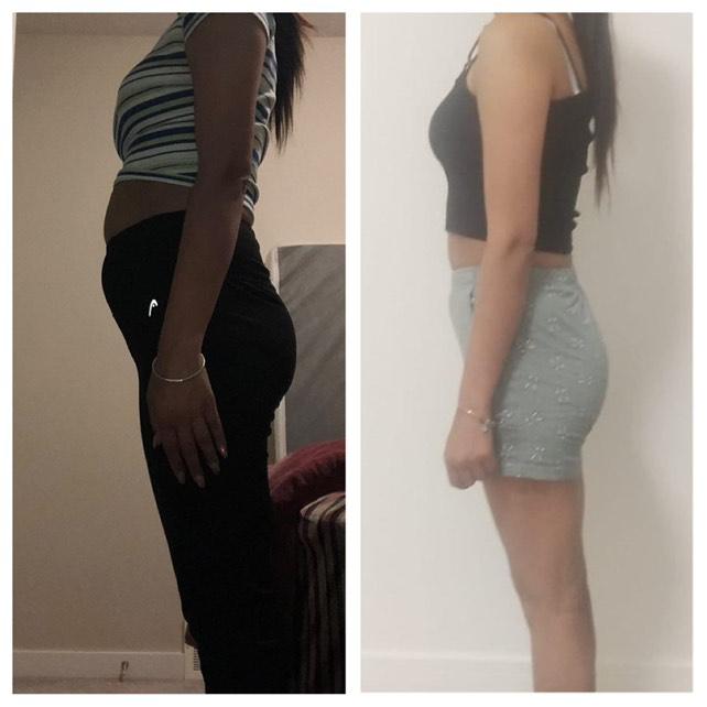 Side profile before and after weight loss transformation showing a slimmer waist and hips