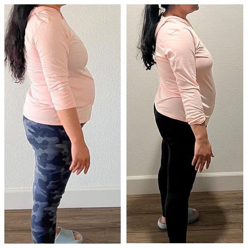 Side profile before and after weight loss transformation showing a flatter stomach
