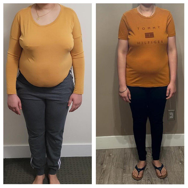 Front view before and after weight loss transformation showing a significantly slimmer frame