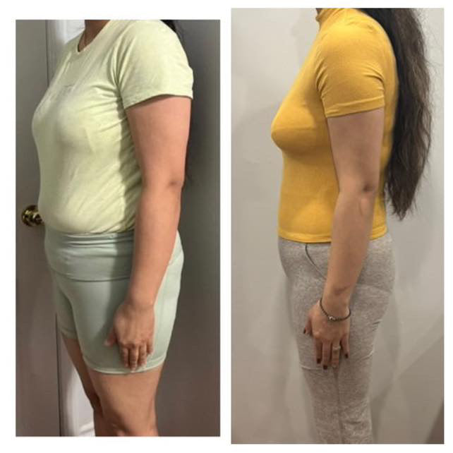 Before and after side profile body transformation showing reduced waist size after GC Diet weight loss program