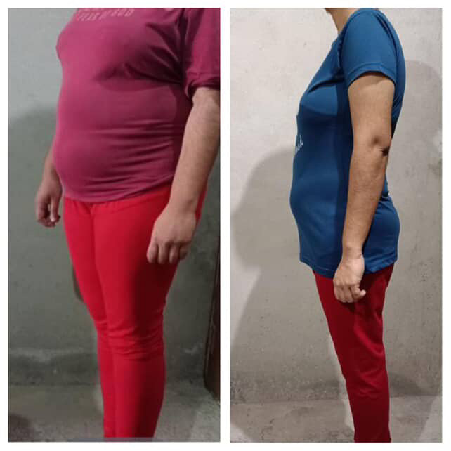 Before and after side profile showing reduced belly fat and flatter stomach after GC Diet program