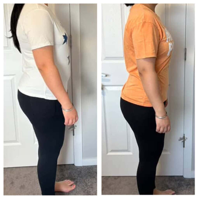 Before and after weight loss photo showing slimmer hips and flatterstomach after GC Diet plan