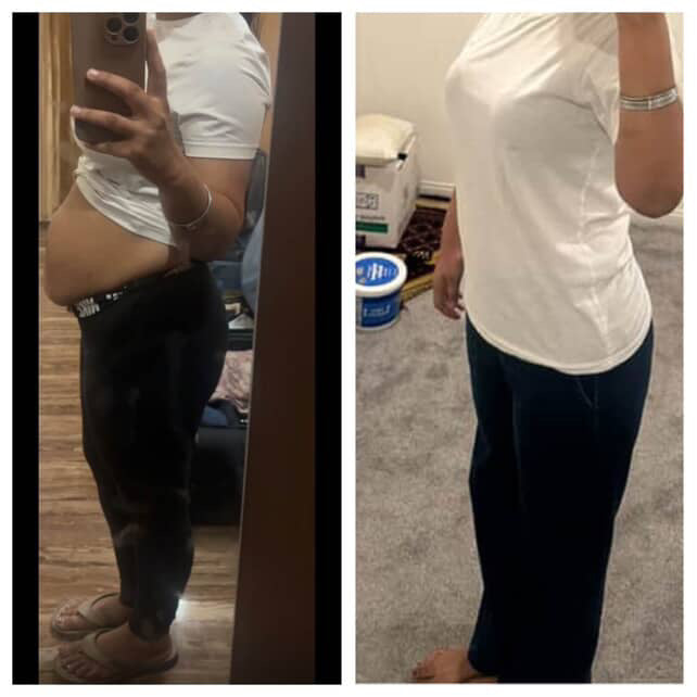 Before and after weight loss side profile showing reduced belly fatafter following the GC Diet plan