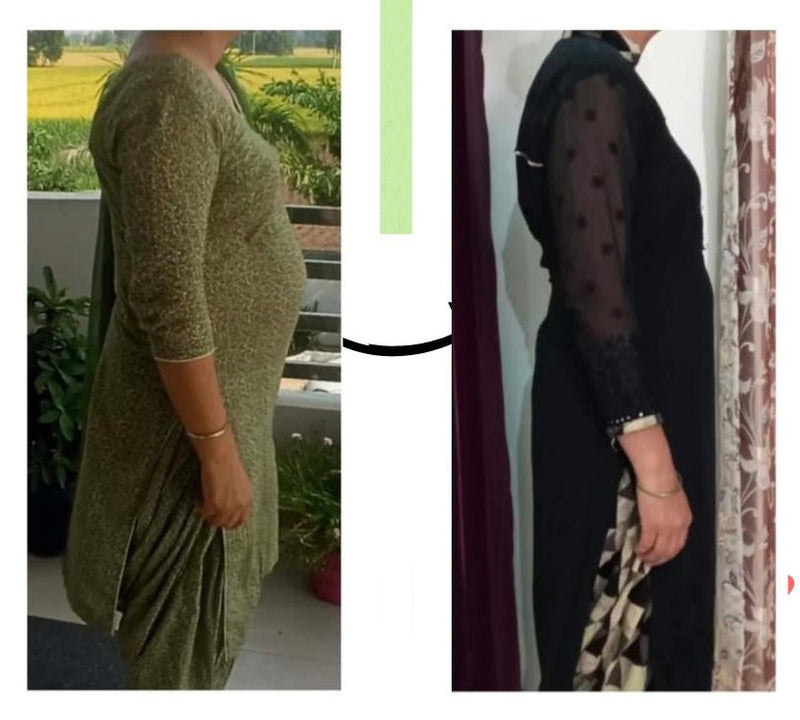 Full body before and after weight loss transformation showing dramatic belly fat reduction after GC Diet program