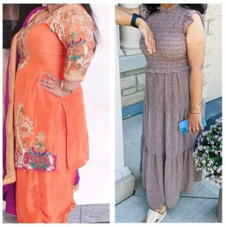 Before and after weight loss side profile in traditional outfit – GC Diet client result