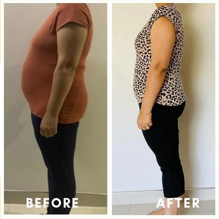 Before and after weight loss side profile transformation – GC Diet program client"