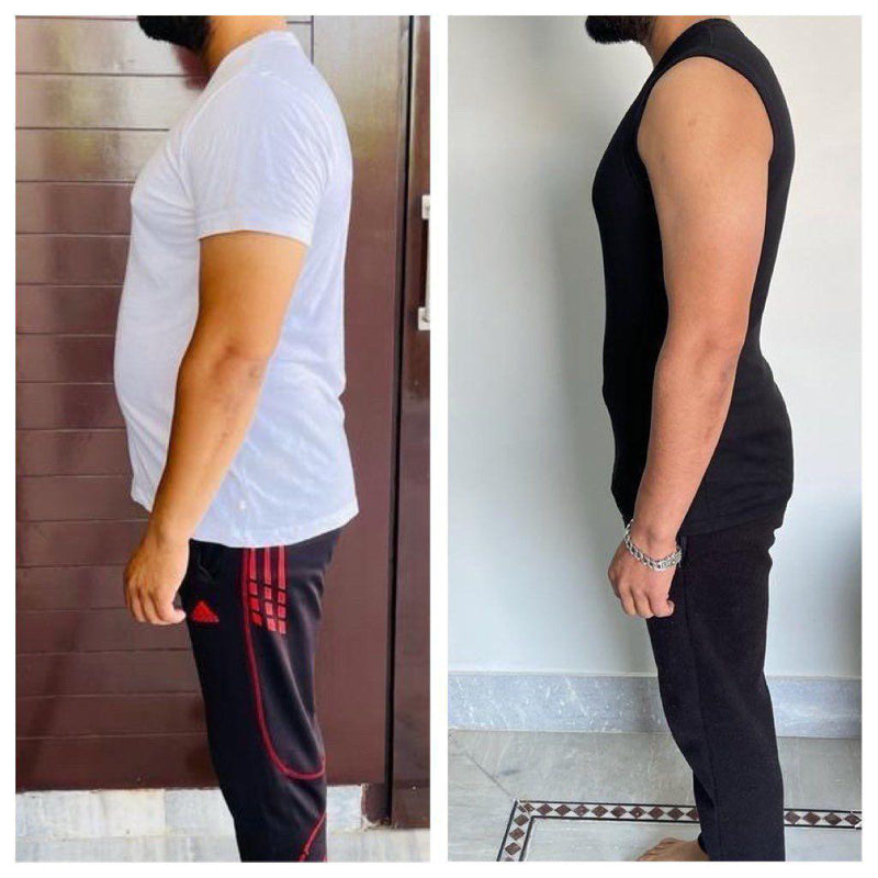 Before and after male weight loss side profile transformation –GC diet and fitness client