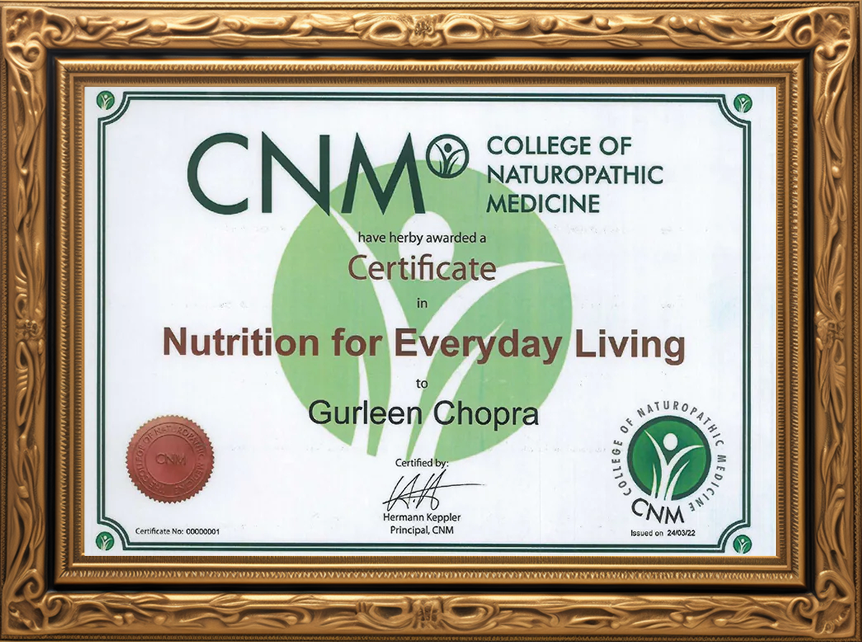 CNM UK nutrition certificate of Gurleen Chopra