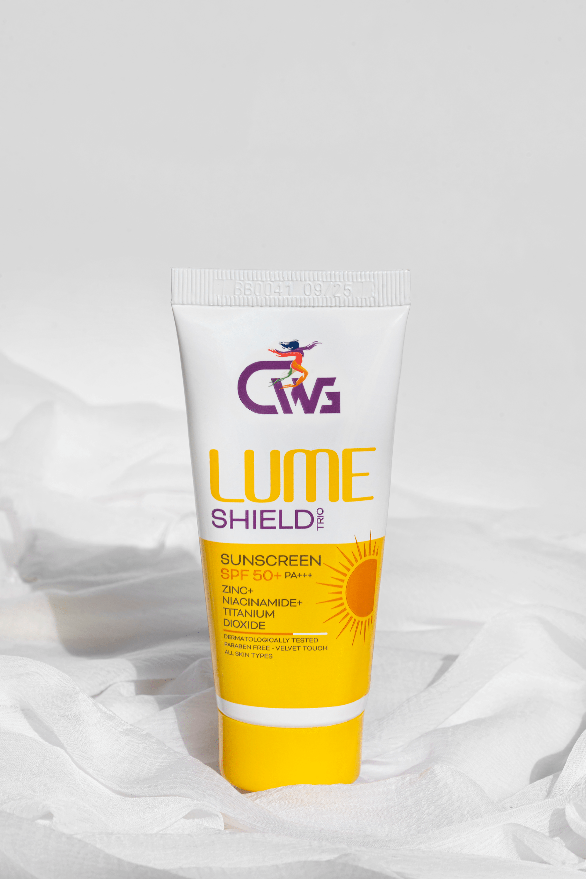 CWG lume shield trio sunscreen Test in a white tube with yellow accents, featuring SPF 50 protection.